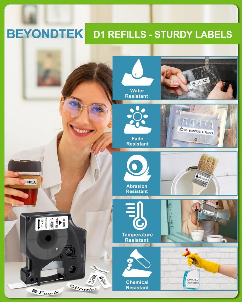 BEYONDTEK Work for Dymo D1 Label Maker Cartridges 45013 1/2" with D1 Label Maker Refills 45013s 12mm x 3m Black on White for Dymo LabelManager 160 280 210D 360D 420P PnP 220P 260P 450D,5Pk - Image 3